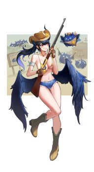 1girl :d absurdres alternate_costume alternate_hairstyle asymmetrical_horns bandaged_arm bandages bikini bikini_top_only black_hair black_wings blue_hair blue_shorts boots breasts brown_boots brown_hat colored_inner_hair commentary cowboy_boots cowboy_hat denim denim_shorts english_commentary feathered_wings full_body grin gun hat highres holding holding_gun holding_weapon hololive hololive_english horns jailbird_(nerissa_ravencroft) jewelry large_breasts long_hair low_wings mole mole_under_eye multicolored_hair navel necklace nerissa_ravencroft open_mouth purple_eyes radi_(pixiv_88192217) rifle short_shorts shorts slit_pupils smile solo stomach swimsuit uneven_horns virtual_youtuber weapon wings yellow_bikini