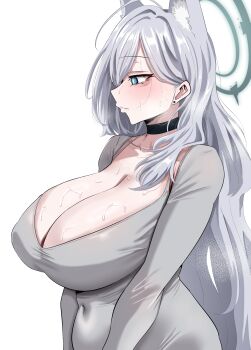 1girl absurdres alternate_breast_size_(larger) animal_ear_fluff animal_ears black_choker blue_archive breasts choker cleavage commentary covered_erect_nipples covered_navel dark_halo dongtan_dress dress earrings extra_ears from_side grey_dress grey_hair halo highres huge_breasts jewelry long_hair long_sleeves pencil_dress scoop_neck shiroko_(blue_archive) shiroko_terror_(blue_archive) solo stud_earrings taut_clothes taut_dress tight_clothes tight_dress wolf_ears wolf_girl woo_(woosan)