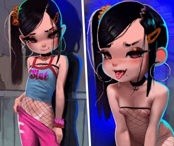 1girl black_hair blush breasts choker collar earrings fishnets fiz-rot hair_ornament highres hoop_earrings jewelry loli nipples open_mouth original panties saliva scrunchie side_ponytail small_breasts tongue tongue_out underwear wrist_scrunchie