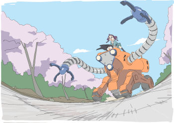 Rule 34 | 2girls, black hair, blue shirt, blue skirt, blue sky, braid, bush, cherry blossoms, claws, cloud, copyright request, dust, dust cloud, forehead, glasses, hairband, highres, machinery, mini eyewear, mmmkawaine, motion lines, multiple girls, orange hairband, orange ribbon, purple hair, ribbon, riding, road, school uniform, serafuku, shirt, skirt, sky, tree, twin braids, wheel