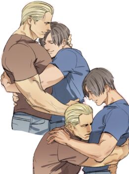 2boys blonde_hair blue_eyes blue_shirt brown_hair closed_eyes closed_mouth denim highres hug jack_krauser jeans large_pectorals leon_s._kennedy light_smile male_focus multiple_boys muscular non-web_source pants pectorals red_shirt resident_evil shirt tatsumi_(psmhbpiuczn) veins