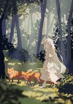 1girl absurdres animal barefoot blonde_hair blue_eyes blurry blurry_foreground commentary_request dappled_sunlight day dress film_grain fox grass highres light_particles long_hair nature nekory original outdoors signature solo sunlight tree very_long_hair