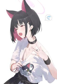 1girl animal_ears blue_archive cat_ears clothes_around_waist colored_inner_animal_ears colored_inner_hair commentary extra_ears halo highres jacket jacket_around_waist kazusa_(band)_(blue_archive) kazusa_(blue_archive) multicolored_hair pink_halo print_shirt shirt simple_background skirt solo white_background white_skirt yu_(ba9ama)