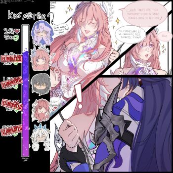 ! 2girls acheron_(honkai:_star_rail) black_swan_(honkai:_star_rail) breasts closed_eyes commentary cyrene_(demiurge)_(honkai:_star_rail) cyrene_(honkai:_star_rail) dress elysia_(herrscher_of_human:_ego)_(honkai_impact) elysia_(honkai_impact) english_commentary english_text highres honkai:_star_rail honkai_(series) honkai_impact_3rd kiana_kaslana kiana_kaslana_(ba-dum!_fiery_wishing_star) kiana_kaslana_(wintery_wishes) kiss kiss_meter_(meme) large_breasts long_hair meme mikiyuuz multicolored_hair multiple_girls official_alternate_costume pink_hair purple_eyes purple_hair stelle_(honkai:_star_rail) trailblazer_(honkai:_star_rail) two-tone_hair very_long_hair white_dress white_hair yuri