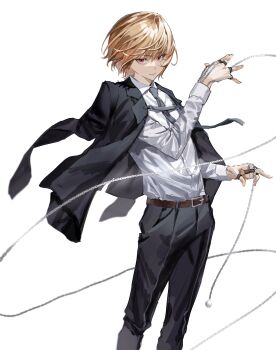 1boy absurdres black_necktie black_pants blonde_hair chain chamuring commentary_request cowboy_shot highres hunter_x_hunter jacket jacket_on_shoulders korean_commentary kurapika looking_at_viewer male_focus necktie pants red_eyes short_hair simple_background smile solo white_background