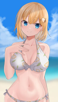 1girl absurdres beach bikini blonde_hair blue_eyes blue_sky blush breasts breasts_apart closed_mouth cloud collarbone commentary_request cowboy_shot day front-tie_bikini_top front-tie_top hair_ornament hand_on_own_chest highres hololive hololive_english large_breasts looking_at_viewer navel ocean outdoors print_bikini ramkilog short_hair side-tie_bikini_bottom sky smile solo stomach swimsuit virtual_youtuber watson_amelia white_bikini