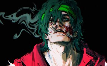 Rule 34 | 1boy, aqua eyes, biker (hotline miami), black background, blood, blood on face, brown eyes, cigarette, commentary, english commentary, gauze, gauze on cheek, green headband, hair behind ear, headband, heterochromia, highres, hotline miami, injury, jacket, looking to the side, male focus, medium hair, nosebleed, parted lips, red jacket, sideways glance, simple background, smoke, smoking, solo, tatsu (tatsumccree)