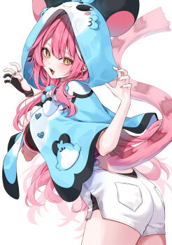 Rule 34 | 1girl, :d, absurdres, ass, black gloves, blue capelet, breasts, capelet, center-flap bangs, character hood, chattino (raora panthera), claw pose, clothing cutout, commentary, double-parted bangs, gloves, hands up, high-waist shorts, highres, hololive, hololive english, hood, hood up, hooded capelet, large breasts, long hair, looking at viewer, mogu (au1127), multicolored hair, open mouth, panther girl, panther tail, partially fingerless gloves, pink hair, raora panthera, raora panthera (1st costume), shorts, sidelocks, simple background, single glove, smile, solo, streaked hair, symbol-only commentary, tail, tail through clothes, very long hair, vest, virtual youtuber, white background, white shorts, white streaks, white vest, yellow eyes