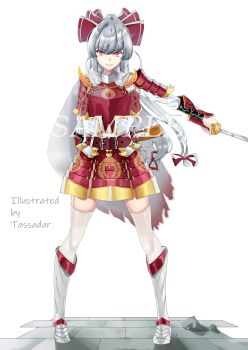 1girl absurdres alternate_costume armor artist_name boots bow closed_mouth colored_tips commentary_request english_text feathers fujiwara_no_mokou full_body grey_hair hair_bow highres japanese_armor kotatsu kusazuri long_hair looking_at_viewer low-tied_long_hair multicolored_hair red_bow red_eyes sample_watermark shoulder_armor simple_background smile sode solo standing table tadie_(innovation1998) thighhighs touhou watermark white_background white_thighhighs