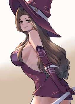 1girl absurdres bare_shoulders breasts closed_mouth deneb_rove dress elbow_gloves gloves hat highres holding holding_staff large_breasts long_hair looking_at_viewer microdress purple_dress purple_gloves purple_hat quanero sideboob simple_background skirt smile solo staff strapless strapless_dress tactics_ogre witch witch_hat