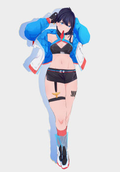 1girl a_(c3einycggcevevf) absurdres bare_shoulders belt black_gloves black_hair black_skirt blue_eyes blue_sleeves breasts cleavage collarbone commentary cowboy_shot full_body gloves gridman_universe hair_between_eyes hair_ribbon halterneck highres jacket long_hair long_sleeves looking_at_viewer medium_breasts midriff miniskirt navel official_alternate_costume official_alternate_hairstyle open_clothes open_jacket pencil_skirt ponytail ribbon sidelocks signature simple_background sitting skindentation skirt solo ssss.gridman standing takarada_rikka thick_thighs thigh_strap thighs white_background white_jacket