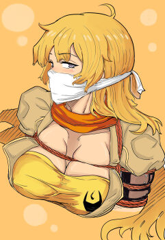 1girl absurdres arms_behind_back bdsm blonde_hair bondage bound bound_arms breasts cloth_gag gag gagged highres improvised_gag long_hair orange_scarf over_the_nose_gag purple_eyes red_rope restrained rope rwby scarf shibari shibari_over_clothes wei_suo_biao_shu yang_xiao_long