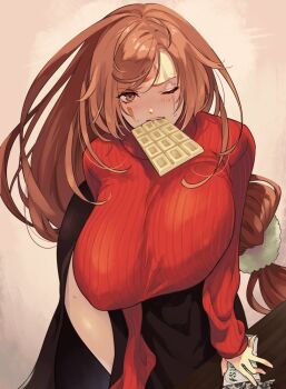 1girl arc_system_works baiken bent_over breasts guilty_gear huge_breasts long_hair looking_at_viewer pink_hair scar scar_across_eye scar_on_face solo sweater