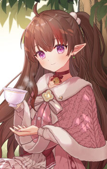 1girl ahoge bell brown_hair choker commentary_request commission cup dress earrings fur-trimmed_poncho highres holding holding_cup indie_virtual_youtuber jewelry long_hair looking_at_viewer minamoto_mamechichi nagisa_(vtuber) neck_bell pink_dress pink_poncho pointy_ears purple_eyes side_ponytail skeb_commission smile solo teacup upper_body virtual_youtuber