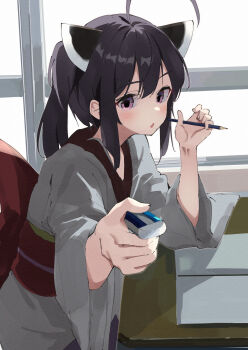 1girl ahoge black_hair commentary_request day desk eraser grey_kimono headgear highres holding holding_pencil indoors japanese_clothes kimono lamb_(hitsujiniku) long_sleeves looking_at_viewer looking_to_the_side obi parted_lips pencil purple_eyes sash school_desk solo sunlight touhoku_kiritan twintails voiceroid wide_sleeves window