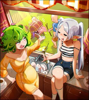1girl 1other 2girls :d ^_^ baby big_belly blush closed_eyes collarbone commentary curtains earrings english_commentary frieren green_eyes green_hair grey_hair highres indoors jewelry kitchen long_hair looking_at_another midriff mimic multiple_girls navel one-punch_man open_mouth pointy_ears pregnant saitama_(one-punch_man) shirt short_hair sitting smile snegovski sousou_no_frieren striped_clothes striped_shirt tank_top tatsumaki window
