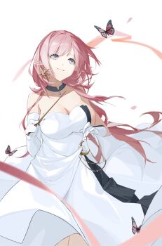 1girl alternate_costume bare_shoulders blue_eyes bow_(music) breasts bug butterfly cleavage dress elbow_gloves elf elysia_(honkai_impact) gloves highres holding holding_bow_(music) honkai_(series) honkai_impact_3rd insect large_breasts long_hair pink_hair pointy_ears simple_background smile solo very_long_hair white_background white_dress white_gloves yanjie