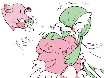 +++ ^_^ age_progression arms_up arrow_(symbol) bilingual_text black_eyes blissey blunt_bangs bob_cut bowl_cut chansey closed_eyes closed_mouth colored_skin covered_eyes egg english_text flat_chest flat_color gardevoir gen_1_pokemon gen_2_pokemon gen_3_pokemon green_hair green_skin hair_between_eyes hair_over_eyes hand_on_another&#039;s_head happy headpat hug japanese_text mixed-language_text monya motion_lines multicolored_skin multiple_views nintendo open_mouth pokemon pokemon_(creature) ralts role_reversal short_hair smile two-tone_skin white_skin