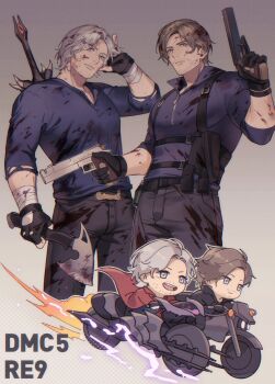 Rule 34 | 2boys, absurdres, axe, beard stubble, black jacket, blood, bloody weapon, brown hair, capcom, company connection, crossover, dante (devil may cry), dbox 2525, devil may cry (series), devil may cry 5, dual wielding, ebony &amp; ivory, facial hair, grey hair, gun, handgun, hatchet (axe), highres, holding, holding axe, holding gun, holding weapon, jacket, leon s. kennedy, mature male, motor vehicle, motorcycle, multiple boys, on motorcycle, red jacket, resident evil, resident evil requiem, stubble, weapon