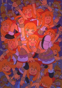 6+girls :d absurdres arms_up belt black_shoes blush bow bowtie brown_horns clenched_hand closed_eyes cuffs excited fangs floating foot_on_another&#039;s_head hair_bow hand_up highres horn_ornament horns ibuki_suika inuyama_konan knee_up long_hair low-tied_long_hair multiple_girls open_mouth orange_eyes orange_hair outstretched_arms purple_background purple_skirt pushing_away raised_fist red_bow shackles shirt shoes sideways_glance skirt sleeveless sleeveless_shirt smile socks spread_arms thick_eyebrows thumbs_up touhou upside-down upturned_eyes waving white_shirt white_socks