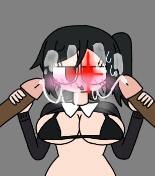 1girl 2boys anthonyartisthk black_hair blush cum cum_on_body cum_on_hair dark-skinned_male dark_skin double_handjob facial glowing glowing_eyes grey_background handjob highres interracial multiple_boys paradysium penis red_eyes side_ponytail simple_background solo_focus upper_body