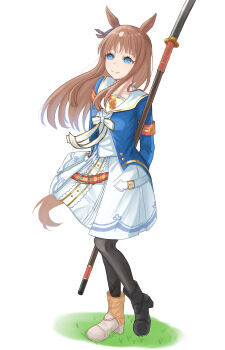 Rule 34 | 1girl, absurdres, animal ears, armband, asymmetrical footwear, black pantyhose, blue eyes, blue jacket, blush, boots, bow, brown hair, closed mouth, dress, ear bow, ear ribbon, grass wonder (stone-piercing blue) (umamusume), grass wonder (umamusume), highres, holding, holding polearm, holding weapon, horse ears, horse girl, horse tail, jacket, long hair, long sleeves, looking at viewer, mismatched footwear, multicolored hair, naginata, pantyhose, polearm, red armband, sailor collar, smile, solo, songdu, tail, umamusume, weapon, white dress, white hair, white sailor collar