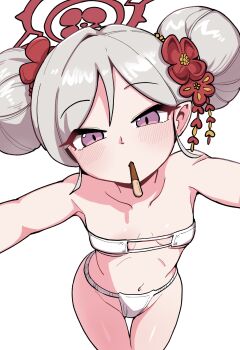 1girl alternate_costume alternate_hairstyle bare_arms bikini blue_archive blush breasts collarbone commentary_request double_bun eyepatch_bikini flower food food_in_mouth fundoshi grey_hair hair_bun hair_flower hair_ornament halo highres japanese_clothes korean_commentary loli looking_at_viewer mago_cats mutsuki_(blue_archive) navel parted_bangs pocky pocky_in_mouth pointy_ears purple_eyes reaching reaching_towards_viewer red_halo simple_background slit_pupils small_breasts solo swimsuit thigh_gap thighs white_background white_bikini