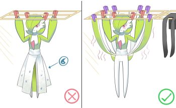 arms_up arrow_(symbol) blush closed_mouth clothes_hanger clothes_lift clothes_pin embarrassed gardevoir gen_3_pokemon highres life-size_gardevoir_plush mixed-language_commentary nintendo pink_eyes pokemon pokemon_(creature) pokemon_focus skirt skirt_lift smile sweatdrop wet white_background ytrall