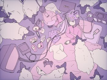 1girl animal bag black_hair blanket cable cellphone charging_device chips_(food) clock computer_mouse digital_clock expressionless female_focus food light_bulb light_switch limited_palette long_sleeves medium_hair mobunormal no_nose original phone plug purple_theme radio sheep shorts smartphone solo spill television