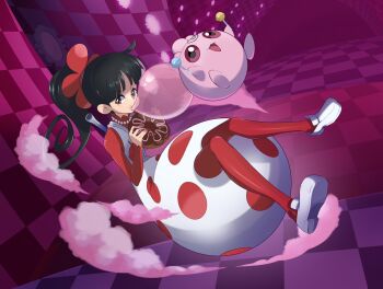 1girl black_hair blowing_bubble_gum blunt_bangs bodysuit brown_eyes candy charlotte_flampe checkered_floor chewing_gum commentary donut dress english_commentary food full_body gen_2_pokemon highres holding holding_candy holding_food holding_lollipop igglybuff indoors lollipop nintendo one_piece pokemon ponytail red_bodysuit shoes smoke startboii white_shoes