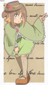 1girl alternate_costume artist_name bambi2000line brown_background brown_hair brown_shoes capelet center_frills colored_inner_hair commentary_request diamond-shaped_pupils diamond_(shape) flower frilled_capelet frilled_skirt frills full_body green_capelet green_eyes green_skirt hand_on_own_knee hat hat_flower highres kneehighs leaning_forward long_sleeves multicolored_hair oka_asahi onii-chan_wa_oshimai! orange_hair shirt shoes short_hair simple_background skirt socks solo symbol-shaped_pupils text_background top_hat two-tone_hair v white_shirt