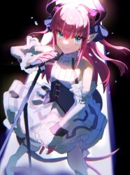Rule 34 | 1girl, absurdres, blue eyes, closed mouth, corset, detached sleeves, dress, elizabeth bathory (fate), elizabeth bathory (fate/extra ccc), fate/grand order, fate (series), flat chest, frills, highres, horns, kilo kkkk, light particles, long hair, looking at viewer, microphone, microphone stand, pink hair, pointy ears, purple horns, simple background, sleeveless, sleeveless dress, smile, solo, white dress