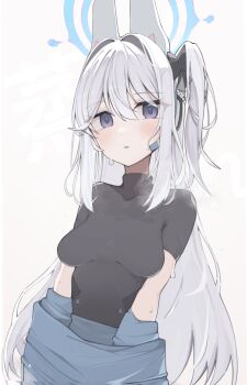 1girl black_bow black_shirt blue_archive blue_halo blush bow braid breasts commentary_request hair_between_eyes hair_bow hair_intakes halo headset highres long_hair looking_at_viewer matchadzuke miyako_(blue_archive) one_side_up partial_commentary purple_eyes shirt solo sweat very_long_hair white_hair