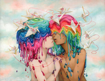 2boys aqua_hair bare_pectorals bisexual_flag blue_hair camilla_d&#039;errico cloud cloudy_sky commentary covered_eyes dark-skinned_male dark_skin dripping hair_over_eyes holding_hands imminent_kiss lips male_focus multicolored_hair multiple_boys no_nipples nose nude open_mouth origami original paper_crane pectorals pink_hair rainbow_flag rainbow_hair sky string string_of_fate surreal yaoi