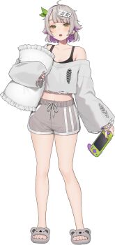 1girl ahoge black_tank_top breasts cleavage colored_inner_hair frilled_pillow frills full_body green_eyes grey_hair grey_slippers grey_sweater hair_ornament hamunezuko_(nezukonezu32) handheld_game_console holding holding_handheld_game_console holding_pillow large_breasts long_sleeves looking_at_viewer mewlive multicolored_hair nukunuku_nemumi off-shoulder_sweater off_shoulder official_art open_mouth pillow purple_hair second-party_source short_hair simple_background sleeves_past_fingers sleeves_past_wrists slippers solo standing sweater tank_top teeth toes torn_clothes torn_sweater transparent_background upper_teeth_only virtual_youtuber zzz zzz_hair_ornament