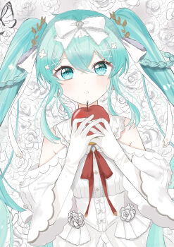 1girl aoneko4ao_(edwf7745) apple aqua_eyes aqua_hair bow bug butterfly commentary dress flower food fruit gloves hair_between_eyes hair_bow hair_ornament hatsune_miku highres holding holding_food holding_fruit insect long_hair looking_at_viewer lying on_back parted_lips red_ribbon ribbon rose shiroi_yuki_no_princess_wa_(vocaloid) solo twintails very_long_hair vocaloid white_bow white_butterfly white_dress white_flower white_gloves white_rose