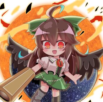 1girl :d ahoge arm_cannon black_thighhighs black_wings blush bow brown_hair chibi collared_shirt commentary_request control_rod_(touhou) feathered_wings feet_out_of_frame frilled_shirt frilled_skirt frills green_bow green_skirt hair_bow highres long_hair open_mouth orange_eyes radiation_symbol-shaped_pupils reiuji_utsuho seputok0904 shirt skirt smile solo sun symbol-shaped_pupils thighhighs third_eye touhou weapon white_background white_shirt wings
