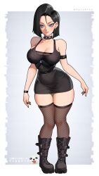 Rule 34 | android 18, black hair, blue eyes, boots, dress, earrings, fishnets, goth fashion, jewelry, short dress, spiky collar, tight clothes, whysoblau