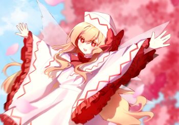 1girl arms_up blonde_hair blurry blurry_background blush bow bowtie bright_pupils cherry_blossoms commentary dress fairy fairy_wings falling_petals frilled_sleeves frills hat hat_bow highres ivorywraith-nightlight lily_white long_hair long_sleeves open_mouth outdoors outstretched_arms petals red_bow red_bowtie red_eyes smile solo touhou very_long_hair white_dress white_pupils wide_sleeves wings