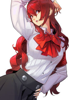 Rule 34 | 1girl, absurdres, arm up, bow, breasts, gekkoukan high school uniform, hair over one eye, hand on own hip, highres, kirijou mitsuru, letro, lipstick, long hair, long sleeves, looking at viewer, makeup, open mouth, parted lips, persona, persona 3, puffy long sleeves, puffy sleeves, red eyes, red hair, red lips, s.e.e.s, school uniform, skirt, solo