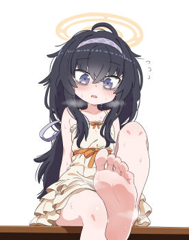 Rule 34 | 1girl, absurdres, alternate costume, bags under eyes, barefoot, black hair, blue archive, blue eyes, blue hairband, blush, commentary, dress, feet, flying sweatdrops, foot focus, hairband, halo, highres, leims (urje8584), long hair, looking at viewer, low ponytail, open mouth, ponytail, sitting, soles, solo, sundress, sweat, toes, ui (blue archive), white background, yellow dress, yellow halo