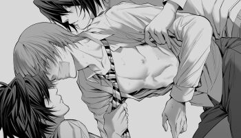 Rule 34 | 3boys, clone, closed mouth, clothes grab, collared shirt, commentary, death note, eye contact, from side, gag, greyscale, improvised gag, l (death note), long sleeves, looking at another, male focus, monochrome, multiple boys, necktie, neckwear grab, nipples, open clothes, open shirt, pants, ruttika shin, shirt, short hair, simple background, sweat, tape, tape gag, white background, yagami light, yaoi