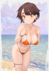 Rule 34 | 1girl, beach, bikini, breasts, brown eyes, brown hair, covered erect nipples, creatures (company), day, earrings, game freak, highleg, highleg swimsuit, highres, jewelry, large breasts, looking at viewer, navel, necklace, nintendo, orange bikini, outdoors, parted lips, pokemon, pokemon oras, short hair, solo, swimsuit, thigh strap, untied bikini, yugen99, zinnia (pokemon)