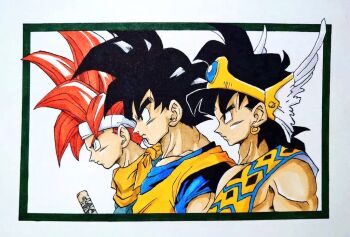 3boys abel_(dq) bare_shoulders black_hair blue_gemstone border chrono_trigger crono_(chrono_trigger) dragon_ball dragon_quest dragon_quest_yuusha_abel_densetsu earrings facial_mark forehead_mark gem headband jewelry male_focus multiple_boys muscular muscular_male necktie orange_dougi orange_necktie profile red_hair sharp_teeth son_goku tcgf_04 teeth toriyama_akira_(style) upper_body white_background white_border white_headband winged_headwear