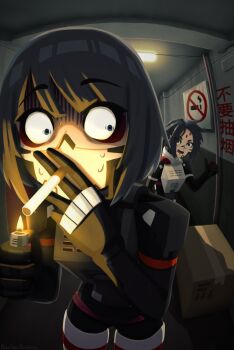 2girls absurdres artist_name black_hair blue_eyes bob_cut box cardboard_box cigarette commentary constricted_pupils english_commentary facial_mark hallway highres indoors kolibri_(signalis) lighter multiple_girls nervous_sweating no_smoking nuclearbanan open_mouth partially_shaded_face signalis smoking star_(signalis) sweat wide-eyed