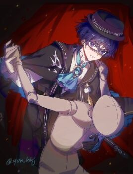 1boy alternate_costume aqua_ascot aqua_gemstone ascot black_coat black_gloves black_hat black_shorts blunt_ends boater_hat brooch coat curtains dancing domino_mask eye_mask eyeliner eyeshadow feathers fingernails formal_clothes frilled_shirt_collar frilled_sleeves frills gem genshin_impact gloves gold hashtag-only_commentary hat highres jewelry lapels layered_ascot long_sleeves looking_at_viewer makeup male_focus mask open_mouth pom_pom_(clothes) puppet purple_ascot purple_eyes purple_hair purple_mask red_eyeliner red_eyeshadow scaramouche_(genshin_impact) shirt shorts sketch solo spotlight twitter_username undershirt wanderer_(genshin_fes_2026)_(genshin_impact) wanderer_(genshin_impact) white_mouth white_shirt white_sleeves white_trim wispy_bangs yellow_feathers yunhhj