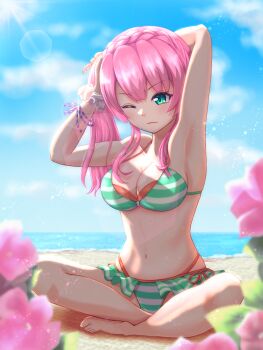 Rule 34 | 1girl, absurdres, aikawa megumi, armpits, arms up, barefoot, beach, bikini, blue sky, bracelet, braid, breasts, cleavage, closed mouth, cloud, commentary request, crown braid, day, flower, green bikini, green eyes, heaven burns red, highres, indian style, jewelry, large breasts, layered bikini, lens flare, long hair, looking at viewer, medium breasts, navel, o-ring, ocean, one eye closed, pink flower, pink hair, scrunchie, side-tie bikini bottom, side ponytail, sitting, sky, solo, striped bikini, striped clothes, sunlight, swimsuit, sybilla (batvb)