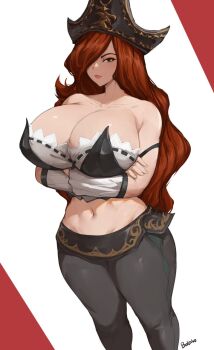 Rule 34 | 1girl, arms under breasts, artist name, bare shoulders, batako (batakoart), black pants, breasts, cleavage, closed mouth, commentary, crossed arms, green eyes, hair over one eye, hat, highres, large breasts, league of legends, long hair, looking at viewer, midriff, miss fortune (league of legends), navel, pants, pirate hat, red hair, smile, solo