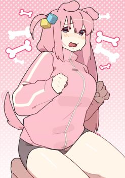 1girl absurdres animal_ears blue_eyes bocchi_the_rock! bone commentary dog_ears dog_girl dog_tail english_commentary gotoh_hitori highres jacket kemonomimi_mode long_hair looking_at_viewer organsoup pink_background pink_hair pink_jacket solo sweat tail