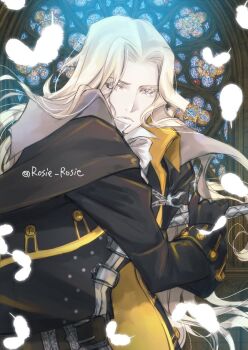 1boy alucard_(castlevania) black_cape black_coat blonde_hair cape castlevania:_symphony_of_the_night castlevania_(series) closed_mouth coat feathers long_hair long_sleeves looking_at_viewer male_focus rosie_rosie solo stained_glass twitter_username upper_body